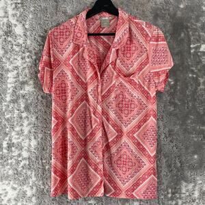 Ink Ivy Size XL Geometric Casual Button Top Pink Short Sleeve Collar Stretch